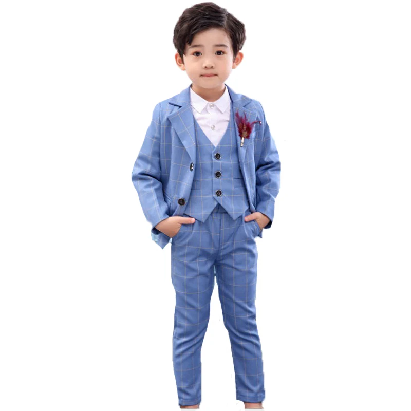 

Flower Boys Blue Plaid Clothing Set England Kids Formal Wedding Suit Gentleman Children School Performance Graduation Dress