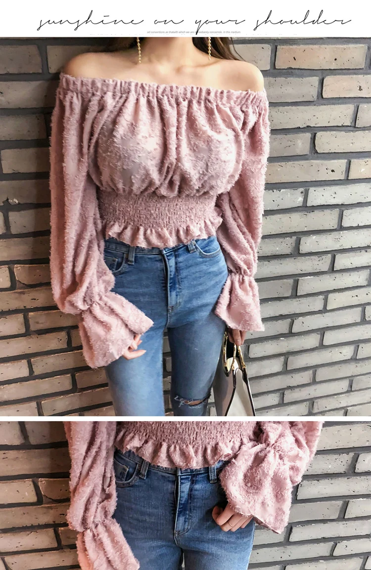 CINESSD Сексуальная Блузка с открытыми плечами женские топы Осень Зима корейский розовый длинный расклешенный рукав вязаная теплая одежда