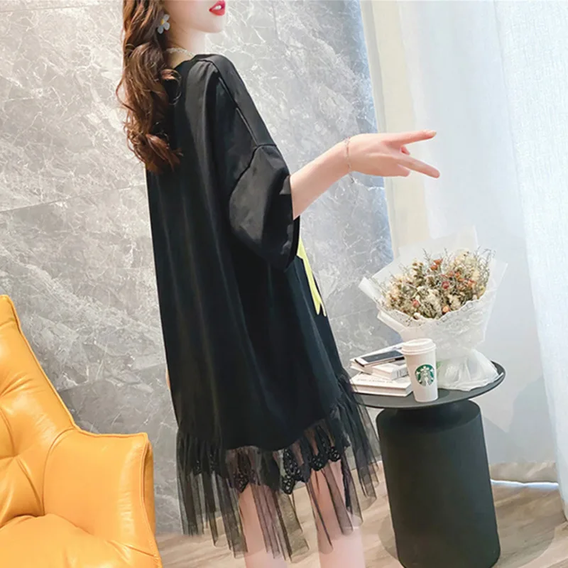 #4936 черные белые розовые платья футболки с коротким рукавом свободное Сетчатое