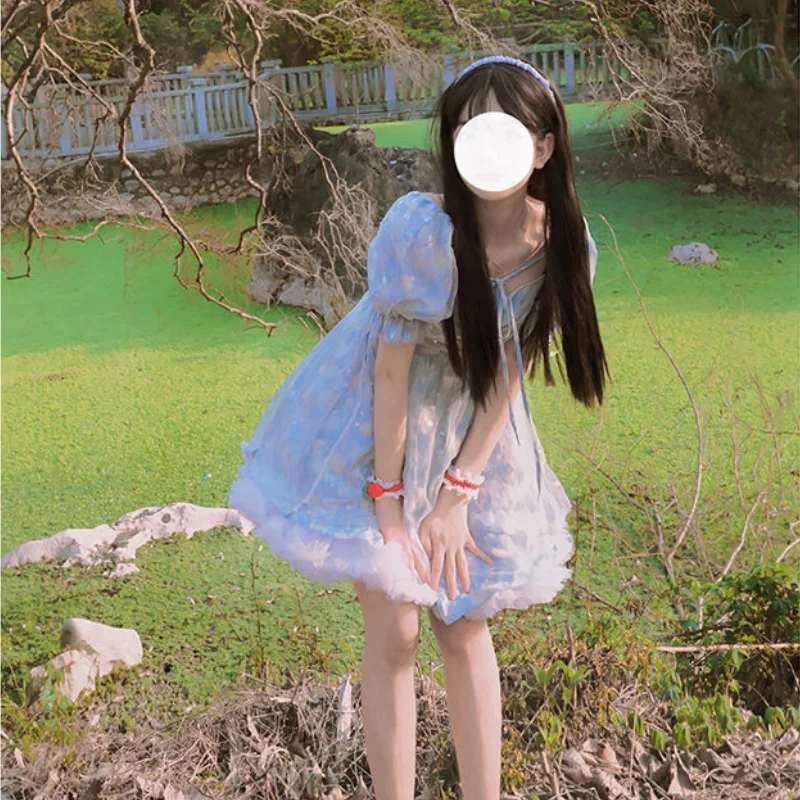 Мини-платье женское с принтом милое винтажное платье в японском стиле синего