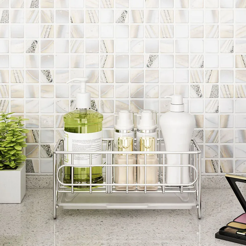 

Sink Caddy Organizer Countertop Sponge Brush Soap Holder with Drain Pan Stainless Steel for Kitchen