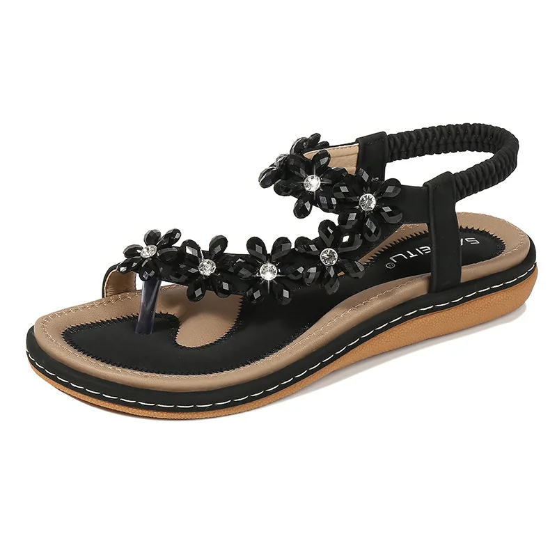 

Beige Heeled Sandals Female Shoe 2021 Women's Large Size Black Girls Low New Big Bohemian Comfort Rhinestone Fabric Crystal Soli