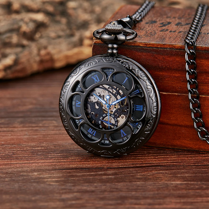 Golden Gold Mechanical Hand Wind Pocket Watches Blue Roman Numeral Dial Mechanical Flip Watch Men Clock With Fob Chain Gift Box