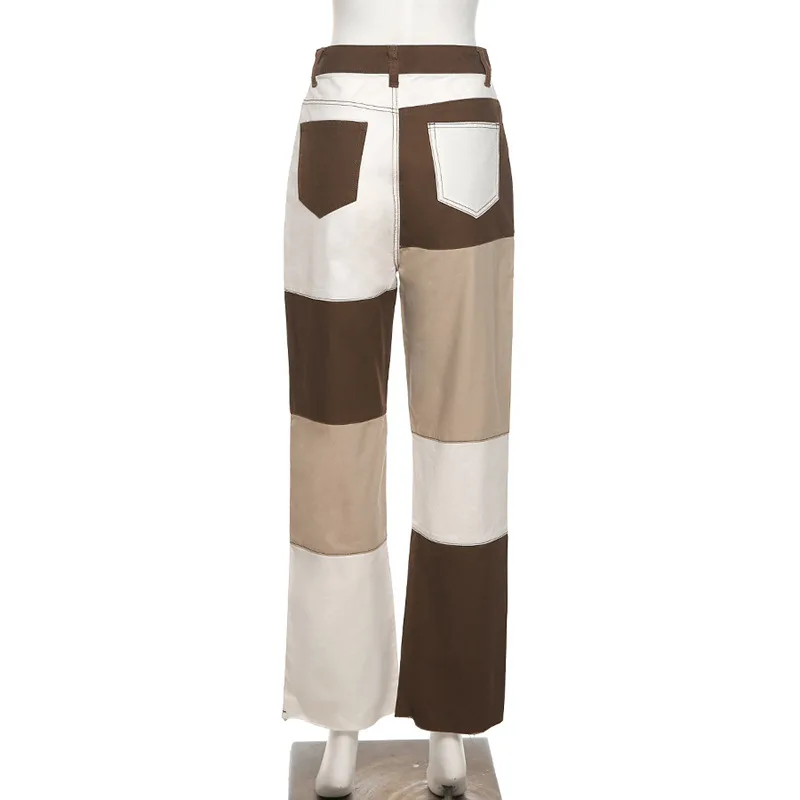 

High Waist Y2k Girls Distressed Straight Leg Mom Jeans Women Loose Spring Brown Color Blocked Patchwork Harajukul Denim Pants