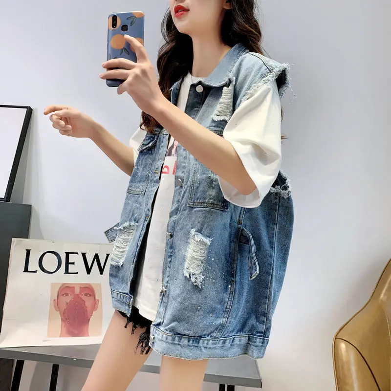 

Джинсовая куртка без рукавов, корейские замшевые, со стразами, потертая, свободная, женская верхняя одежда, женский черный жилет, верхние жи...