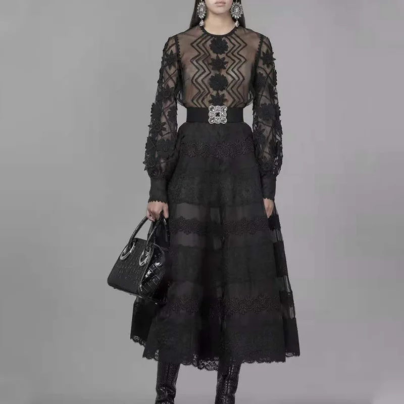 

Spring New Fashion Women Lantern Sleeve O-Neck Flower Print patchwork Lace Long Adjustable Waist Slim Elagant Womn Dress