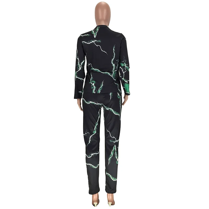 

Lightning Print Casual Two Piece Sweatsuit Women O Neck Full Sleeve T Shirt And Full Length Pant Suit Autumn Winter Matching Set
