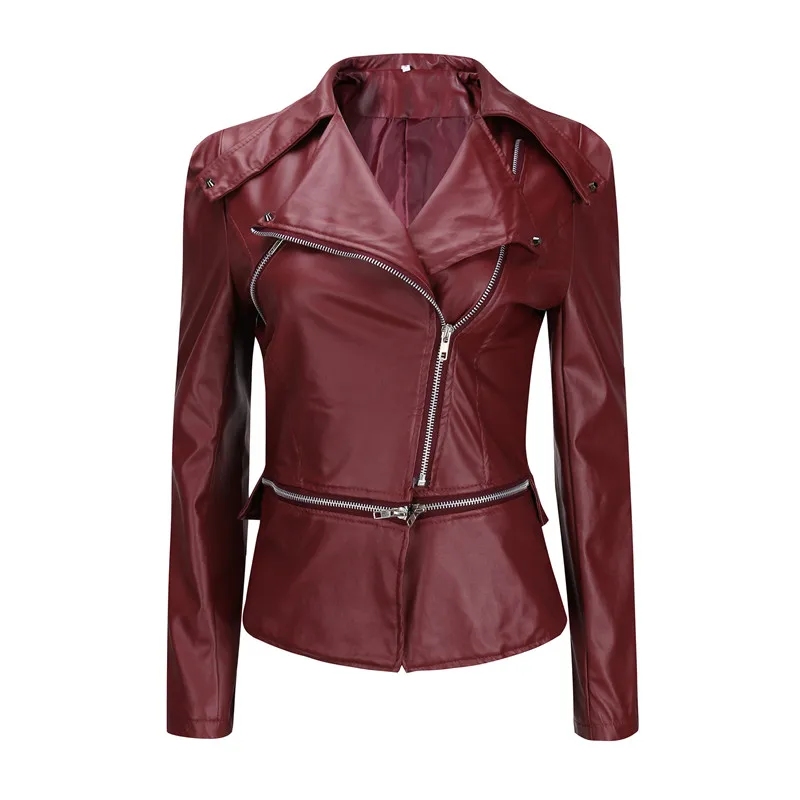 

2020 Autumn Women Faux Leather Jacket Pu Motorcycle Biker Coat Turn-down Collar Zipper Slim Solid Color Outerwear Streetwear