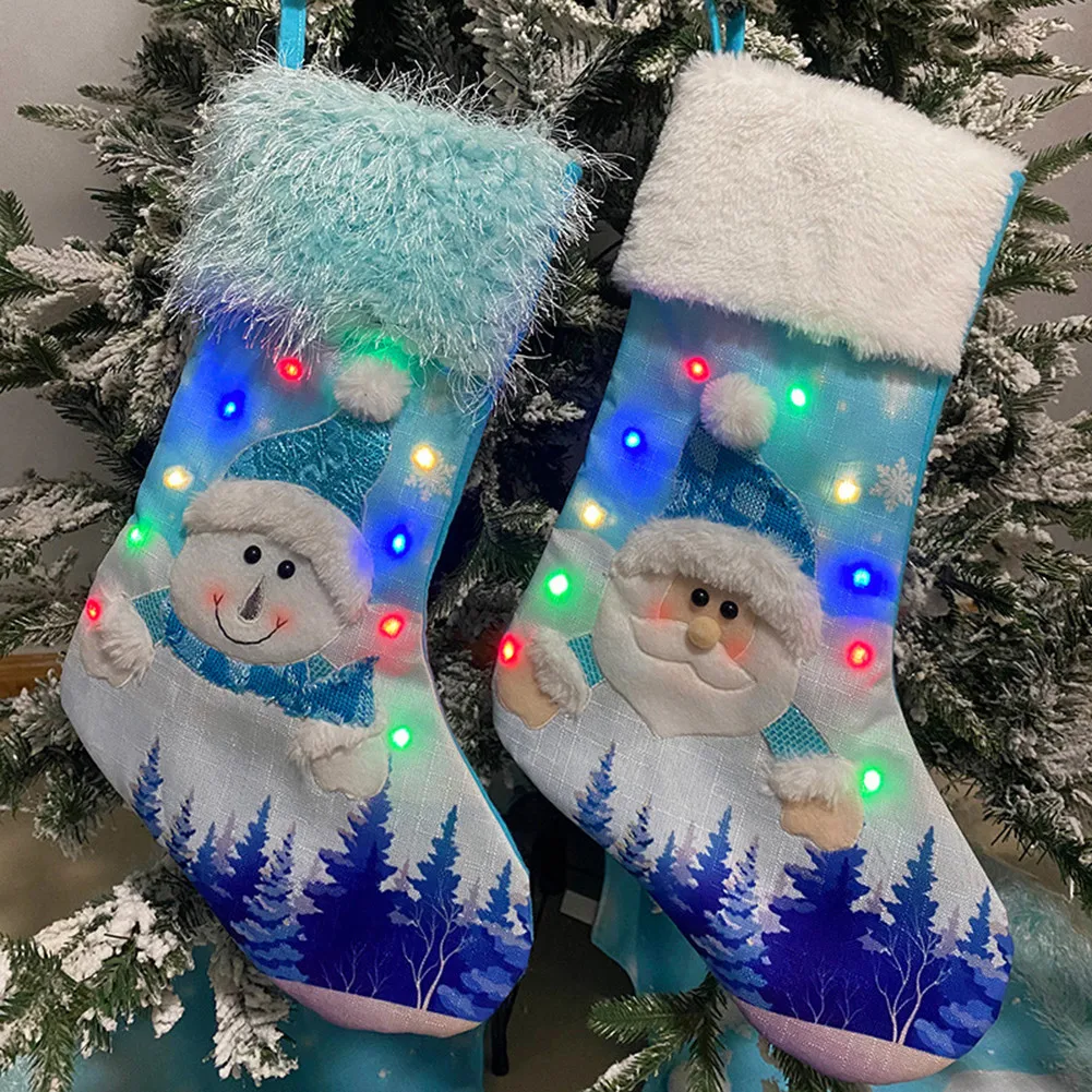 

New Christmas Stocking Socks LED Light Up Santa Snowman Hanging Stocking Xmas Tree Decoration 2022 Printing Xmas Candy Gift Bag