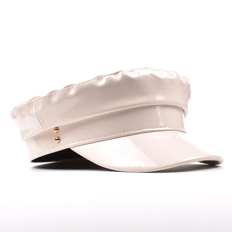 

New Fashion Patent Military Hats High Quality Ladies Hats Solid Color Flat Top Hat PU Leather Bone Captain women Winter Berets