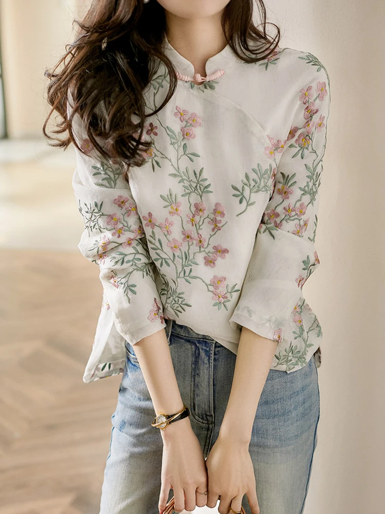 linen shirt cheongsam blouse chinese style high quality flower embroidery long sleeve autumn tops cotton and elegant | Женская одежда