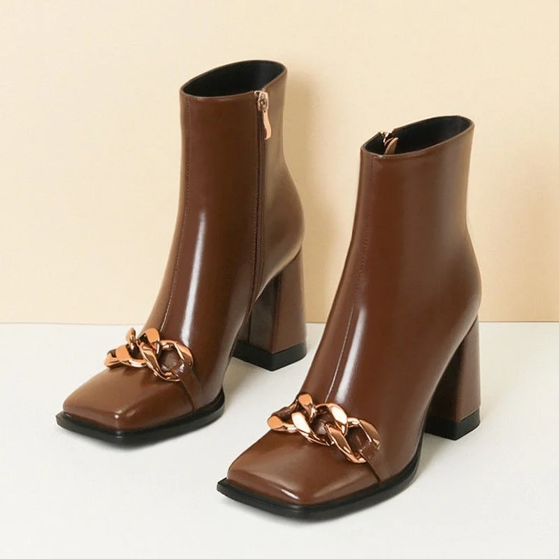 

Designer Women's Boots Winter Boots Square Toe Chain High-heeled Ankle Boots Brown Martin Boots Women's Shoes Zapatos Para Mujer