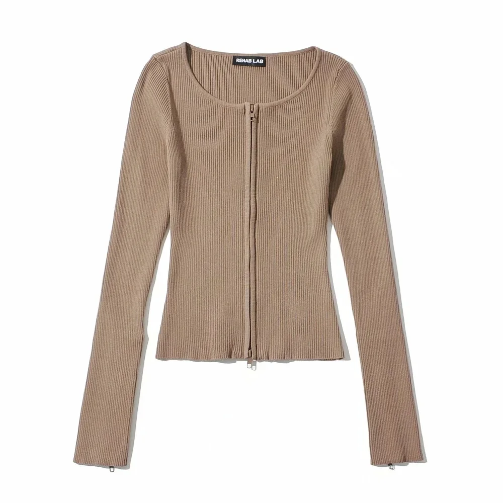 

TVVOVVIN Spring New Double Zipper Solid Color T-shirt Women's Long Sleeve Slim Elastic Knitted Cardigan Q7JV