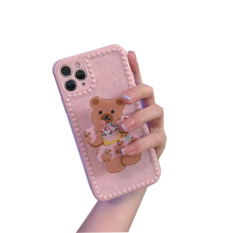 

Korean Cute 3D Bear Stand Holder Case For iPhone 12 11 Pro Max XR XS Max 7 8 Plus Camera Protection Silicone Phone Back Cover