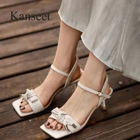 kanseet handmade buckle strap bow tie women sandals summer genuine leather women shoes daily high heels sandals women 2021 new