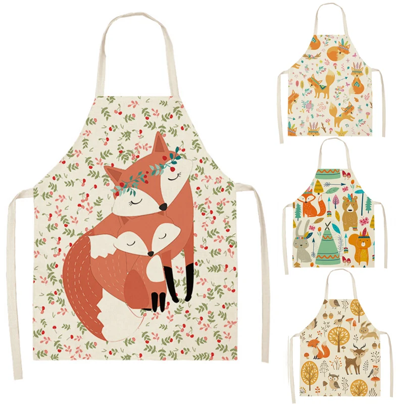 

Kawaii Fox Printed Sleeveless Aprons Kitchen Women Cotton Linen Animal Pinafore Home Cooking Baking Waist Bib 66x47cm