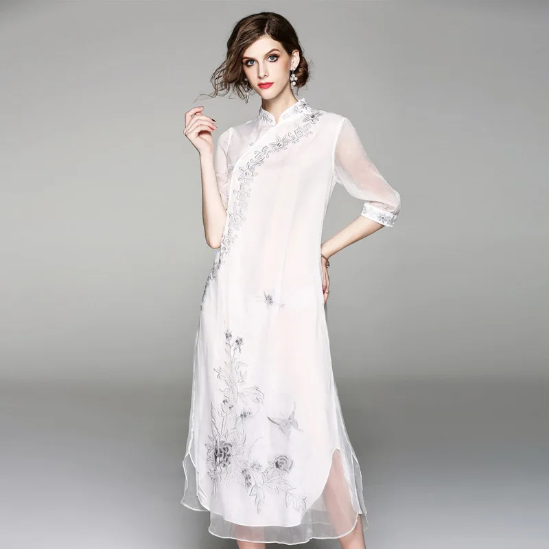 Женское платье Ципао с вышивкой летнее большого размера из натуральной органзы в
