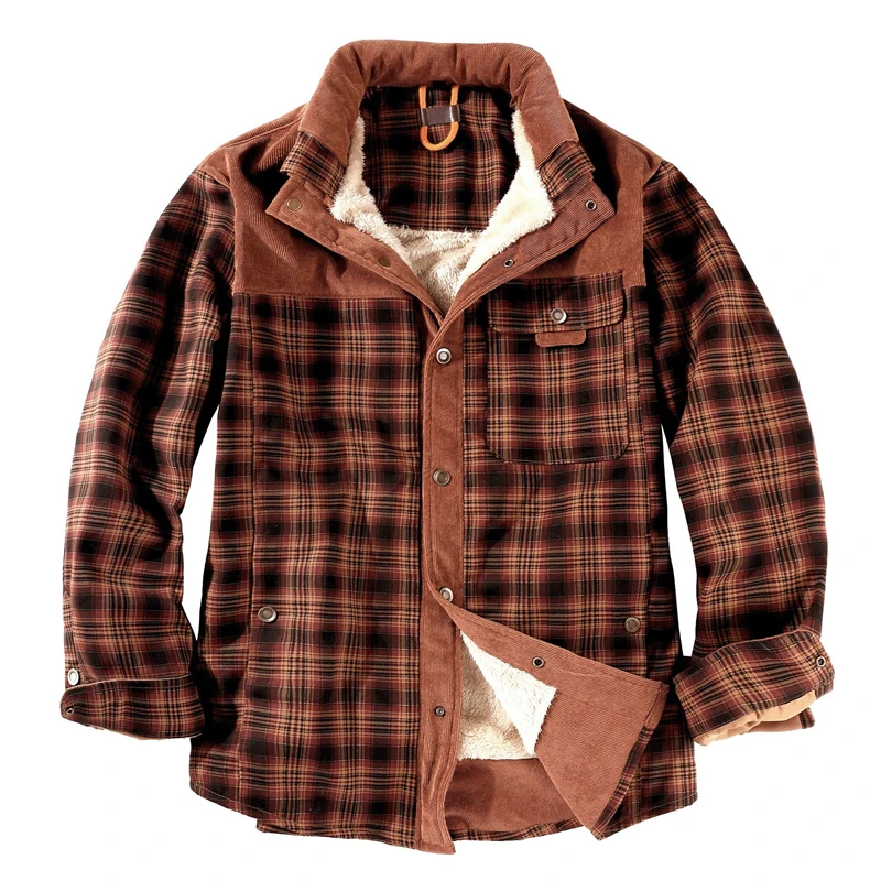 

Winter shirts men Plus velvet Thicken warm corduroy long sleeve men's shirt splice fashion high quality cotton plaid shirt male