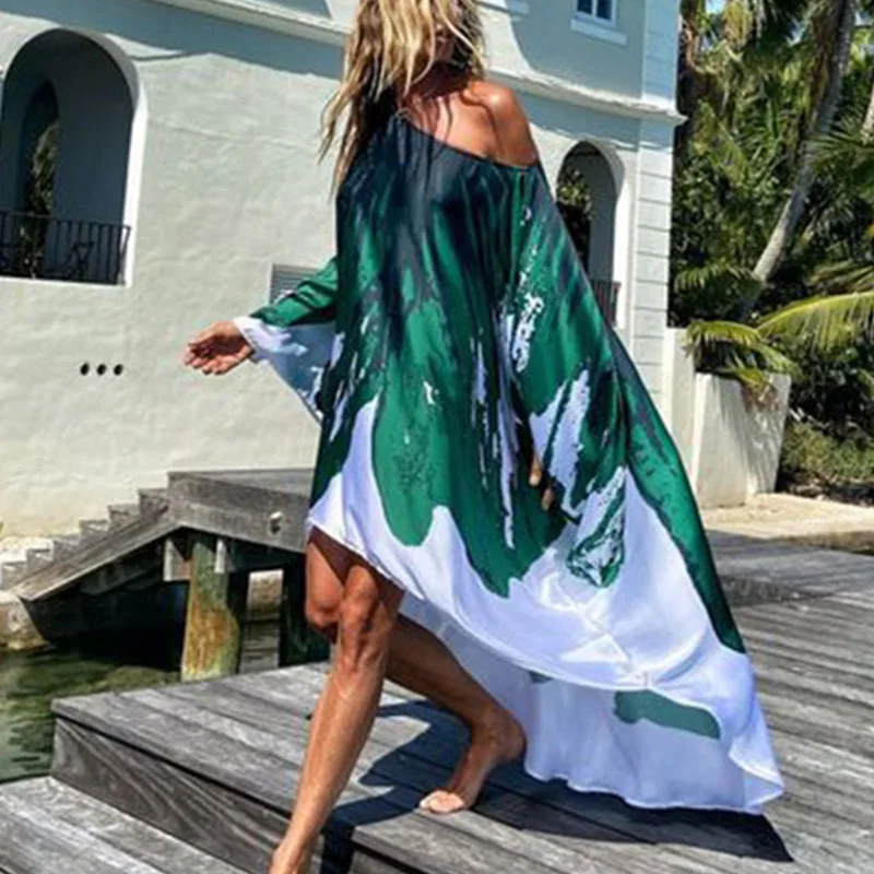 

Women Sexy Off Shoulder Long Sleeve Party Dress Summer Beach Holiday Lady Dresses Elegant Striped Irregular Dress Loose Vestido