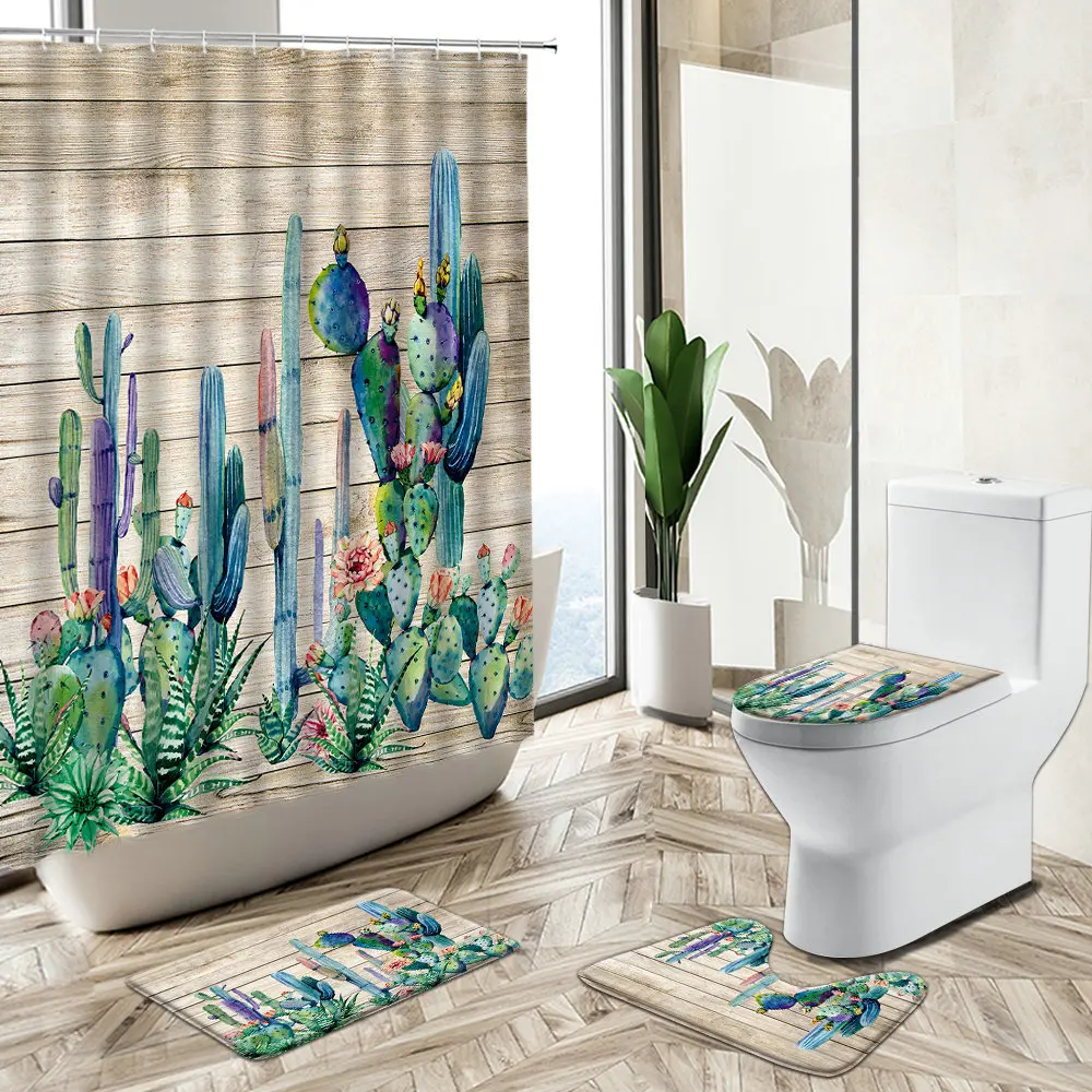 Economici Pianta Verde Tropicale Cactus Tenda Da Doccia Fiore Foglia Vecchio Design In Legno Decorazioni Per Il Bagno Tappeto Antiscivolo Copriwater Set Tappetino Da Bagno