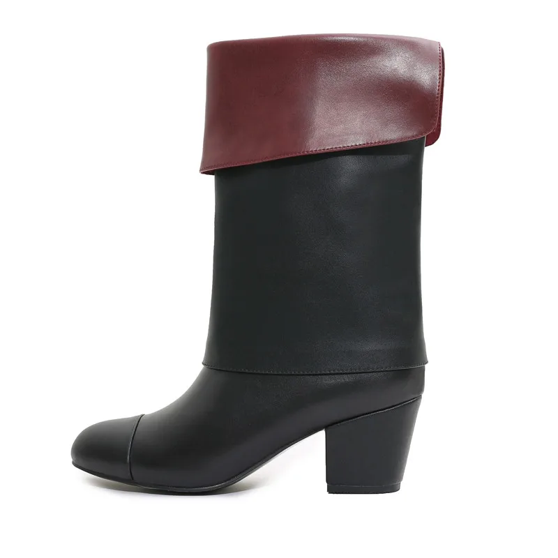 

Fashion Autumn Womens Mid Calf Boots Runway Winter Genuine Leather Chunky High Heel Knight Boots Slip On Martin Boots Shoes 2020