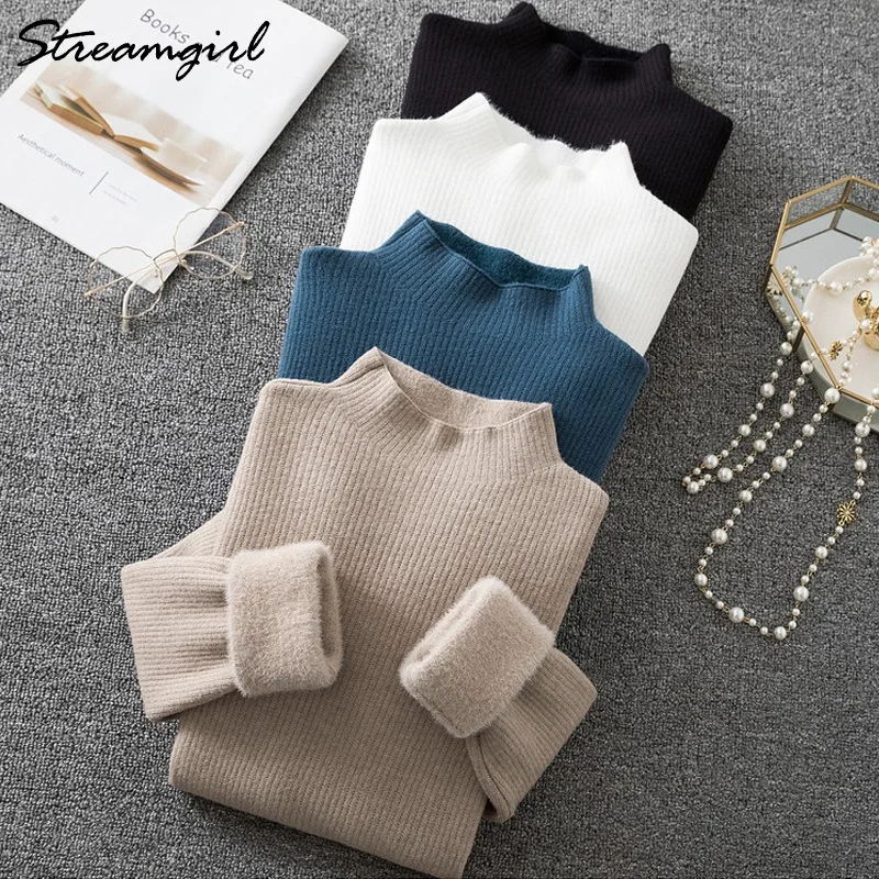 

Women Knitted Basic Long Sleeve Sweaters For Winter Women's Turtleneck Sweaters Velvet Pullovers Thick Fleece Sweater Ladies