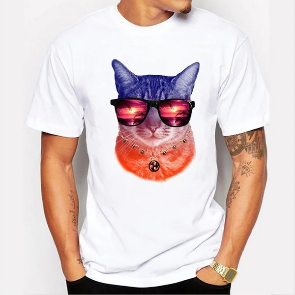 

new fashion cat and sunglasses retro print men's T-shirt short-sleeved summer casual cotton T-shirt