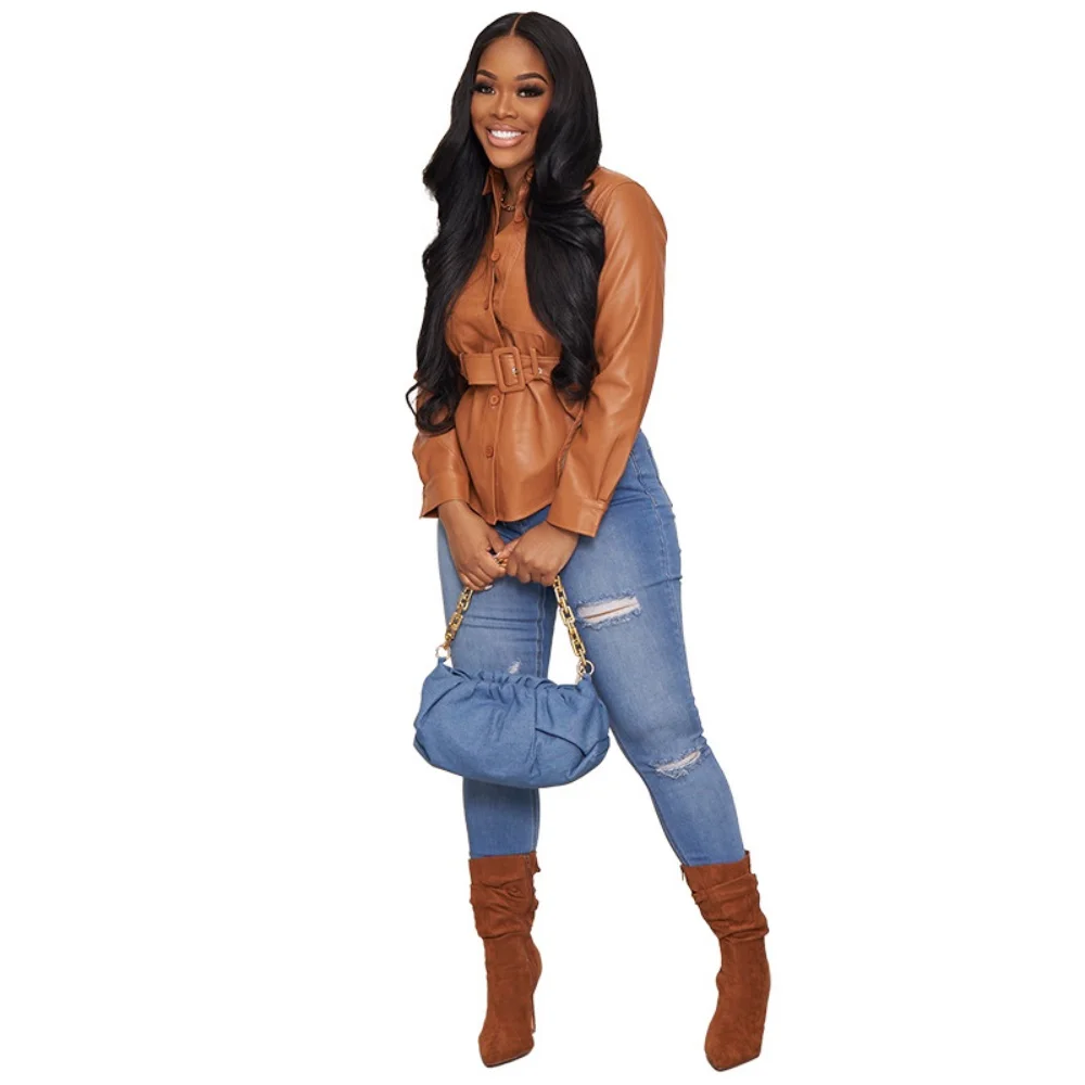 

Женская однобортная куртка из ПУ кожи, с длинным рукавом и поясом