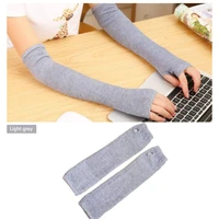 women girls knitted fingerless long gloves stripes printed over elbow length winter stretchy arm warmer sleeves with thumb hole