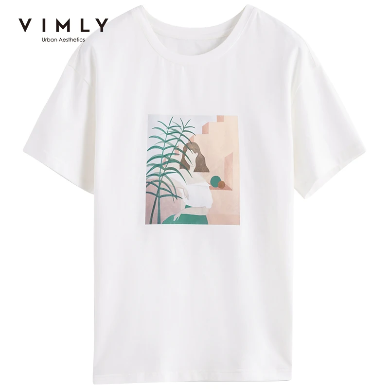 Футболка Vimly Женская хлопковая с принтом повседневный Свободный Топ круглым