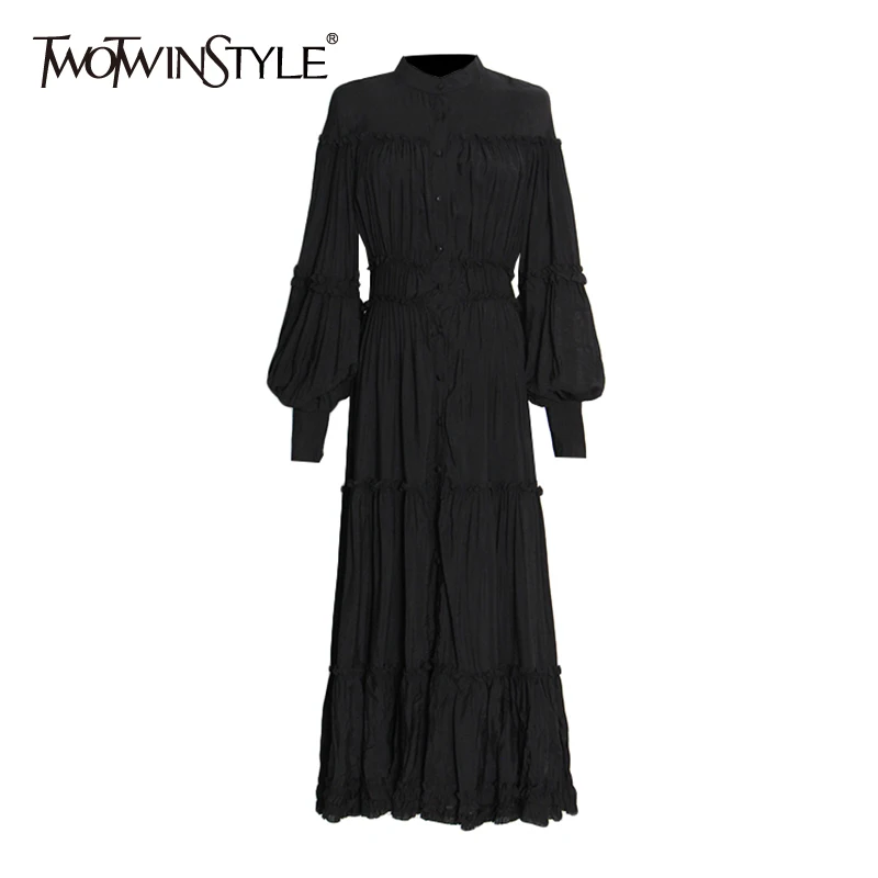 

TWOTWINSTYLE Black Dress For Women Loose Frill Trim Turtleneck Lantern Long Sleeve Ankle Length Dresses Female 2021 Autumn Style