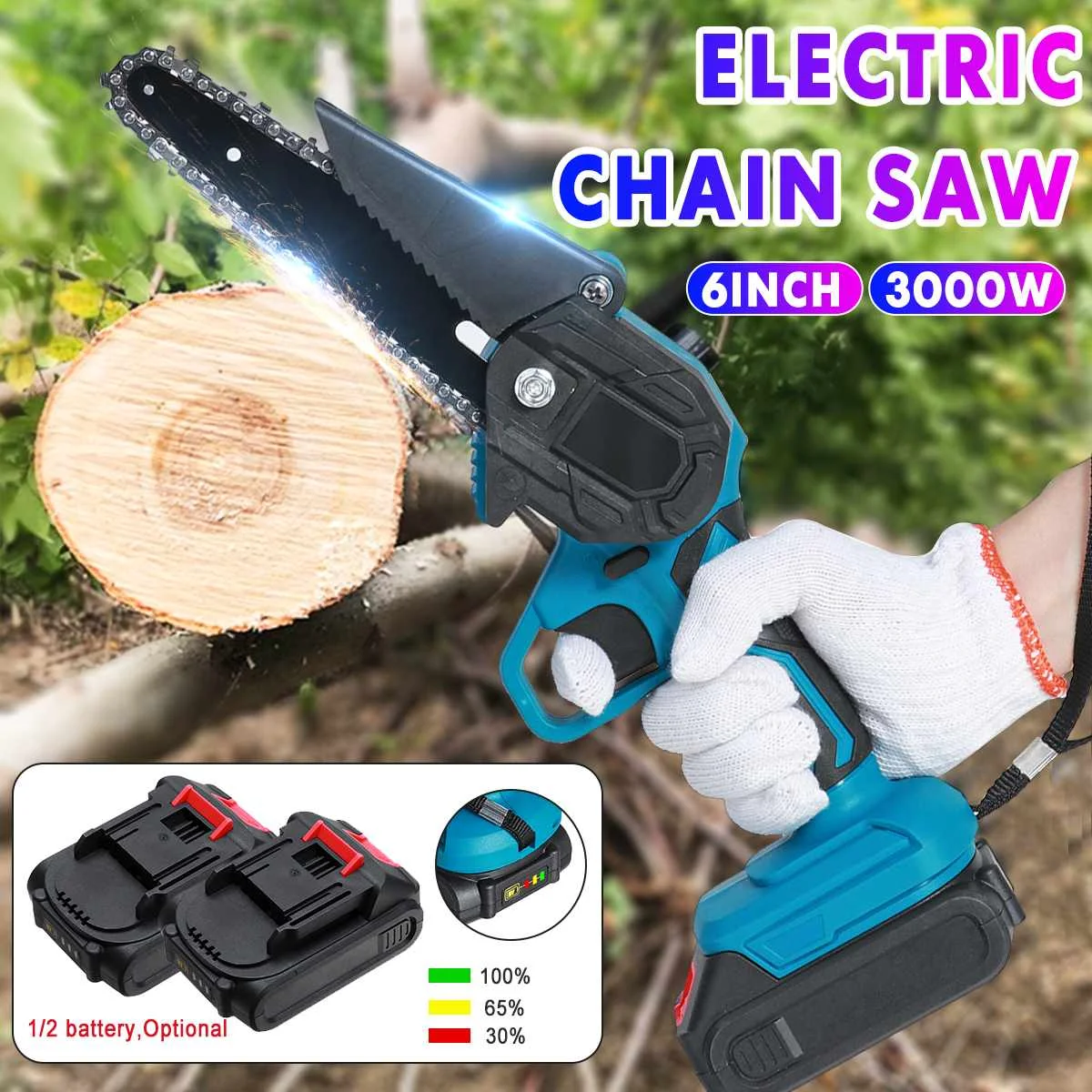 

6 Inch 3000W Cordless Electric Protable Chainsaw 1/2 Indicator Batteries For Tree Branch Wood Cutting Mini Electric Chain saw