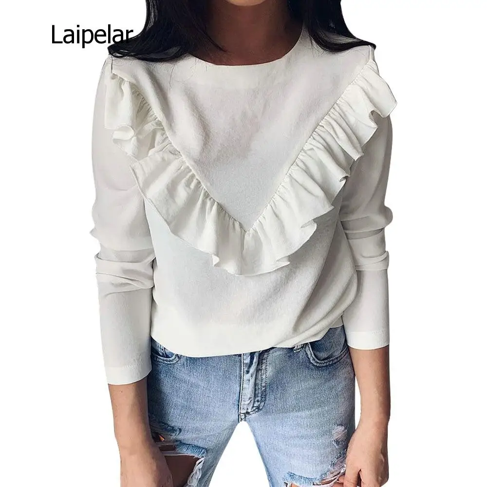 

Long Sleeve Elegant Women Blouses 2020 Lady Office Work Ruffles O-Neck Khaki Shirts Tops White Black Autumn Winter Blusas