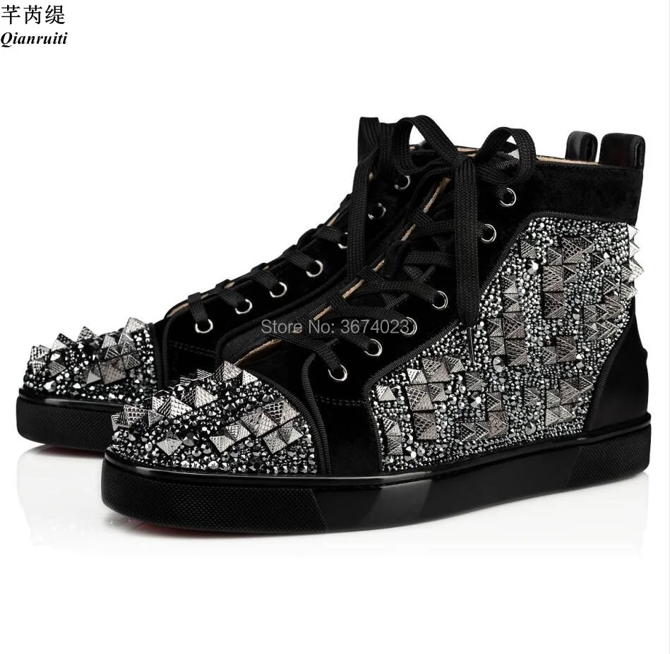 

Qianruiti Wedding Shoes Men Pyrdamidal Spikes Flat Shoes Rhinestone High Top Sneakers Lace Up Casual Shoes Big size 47