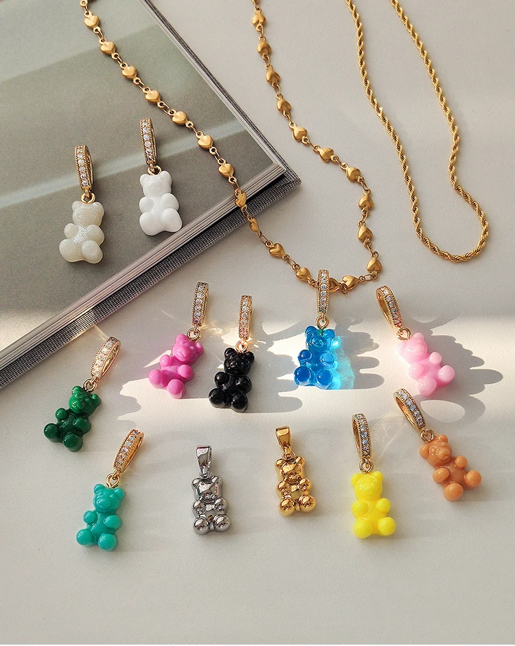 

New Fashion Color Zircon Resin Teddy Bear Pendant Necklace Metal Gold Necklace Women's Party Travel Jewelry Necklace for Women