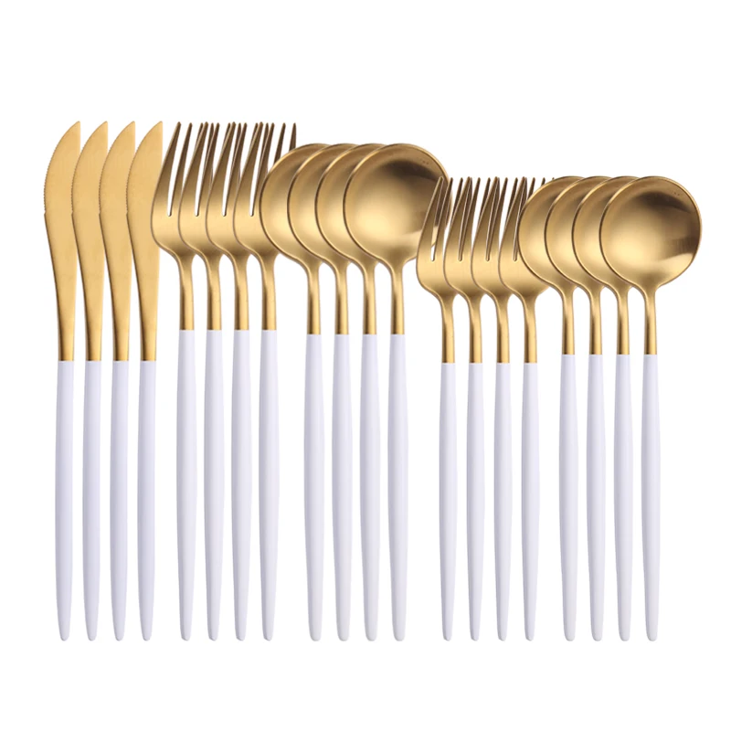 

Cutlery Set White Gold Knife Fork Spoon Set Stainless Steel Tableware Dessert Spoon Dinnerware Silverware Flatware Dropshipping