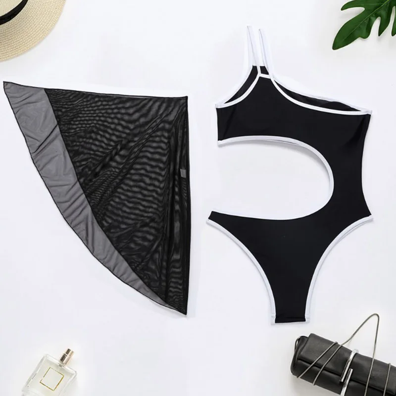 

Fashion Sexy Black Bikini Set Two Piece Mesh Bikini Cover Up+Bodysuit Summer Women Elegant Hollow Out One Shoulder Beach Wear