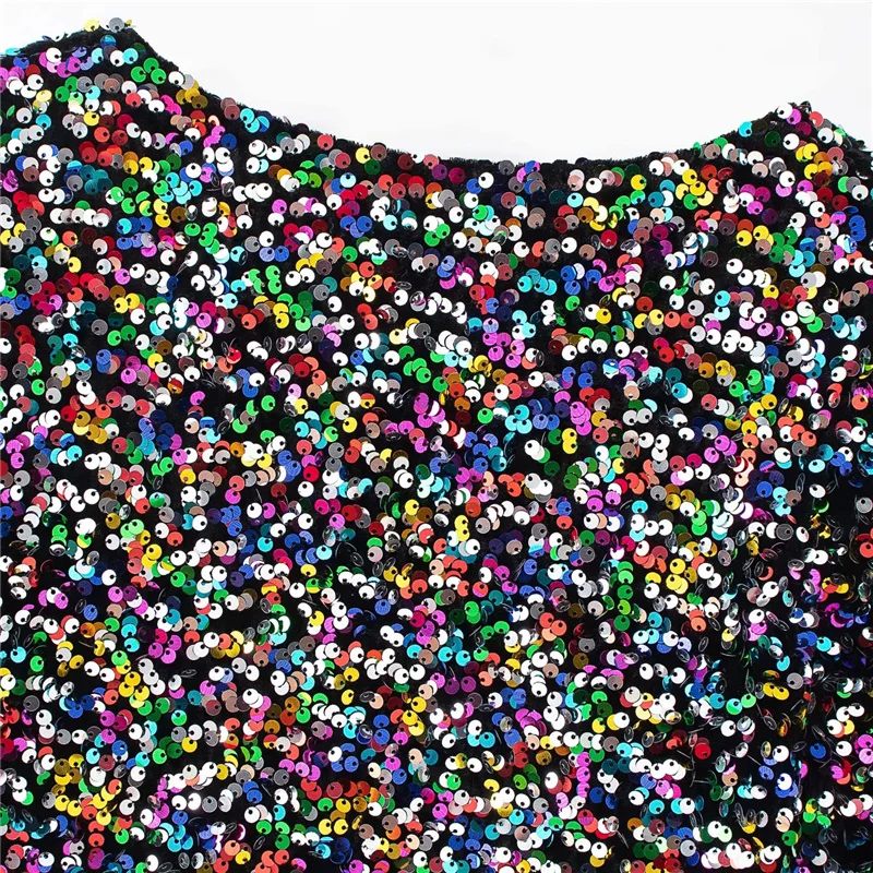 

Qeils Women Sexy Fashion Color Shiny Sequin Cropped Blouses Casual Vintage Short Sleeve Side Zipper Female Shirts Chic Tops