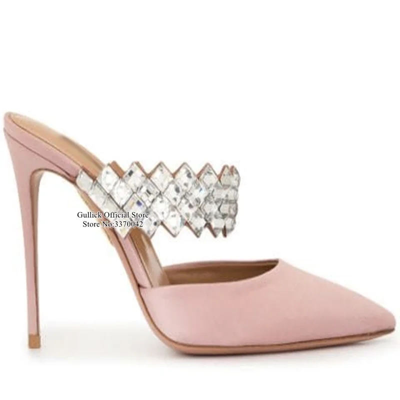 

Sexy Black Suede Rhinestone Stiletto Heel Mule Pointed Toe Bling Bling Crystal Embellished High Heel Mules Cut-out Dress Shoes