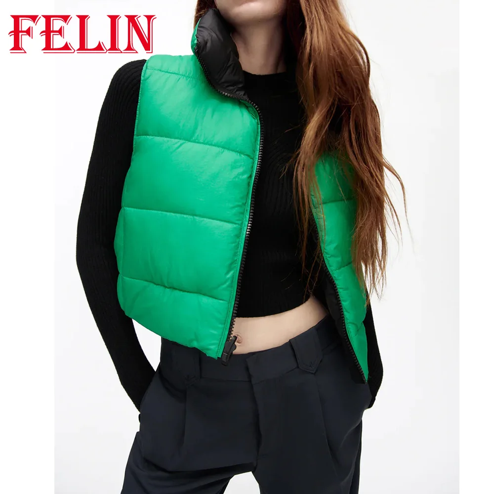 

Женский укороченный жилет Za, черная безрукавка с высоким воротником, теплая безрукавка с обеих сторон, повседневная верхняя одежда, осень ...