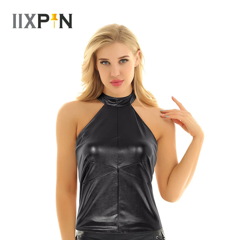 Женская майка для танца на шесте мокрое платье из искусственной кожи с лямкой шее