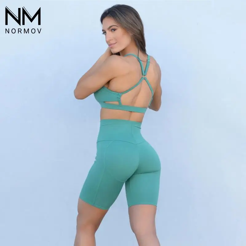 

NORMOV Bra Shorts Sports Suit Women 2 Pcs Hollow Sports Bra Seamless Set Breathable Quick Dry Summer Shorts Sexy Sportswear