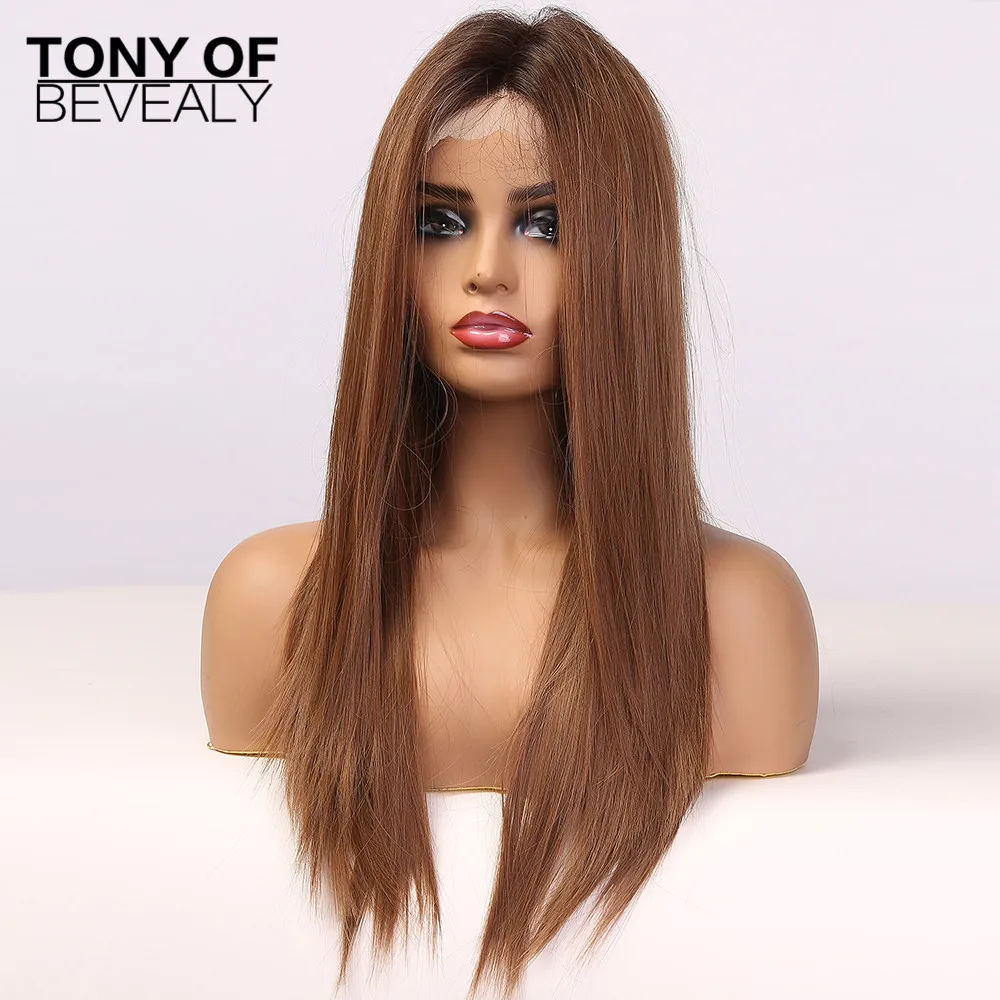 Длинные прямые коричневые кружевные Передние Синтетические Искусственные