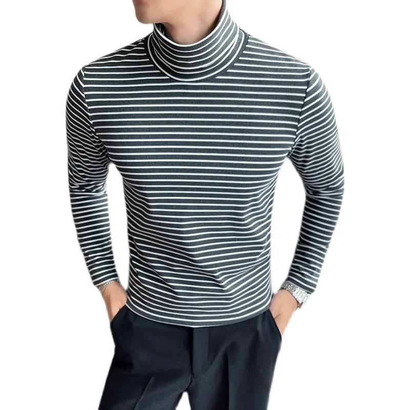 

2021 Autumn Striped Turtleneck T-shirt Bottoming Shirt Men's Slim Casual T-shirt Fashion Slim Streetwear Tee Tops Men Clothing