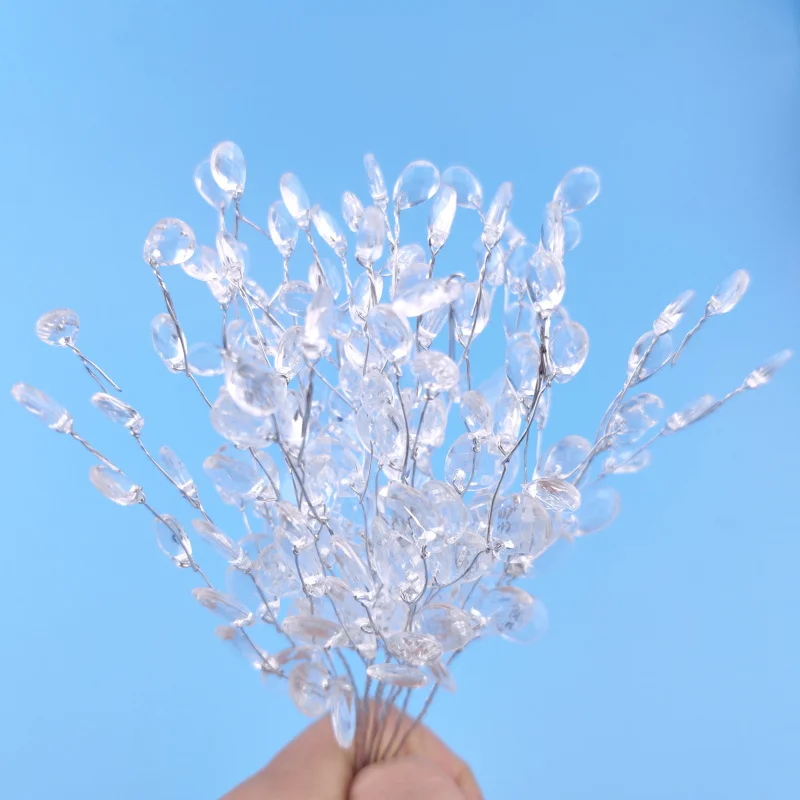 

50pcs DIY Clear Acrylic Crystal Drop Beads DIY Party Favors Fake Flowers Bridal bouquet Wire Stems Decoration for Home Wedding