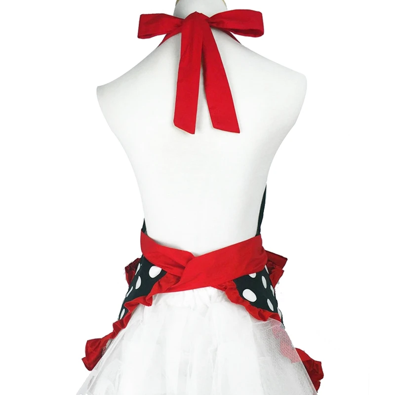 

New Retro Apron for Women Super Cute and Funny Bowknot with 2 Pockets Adjustable Cotton Polka Dot Delicate Hemline Black Red