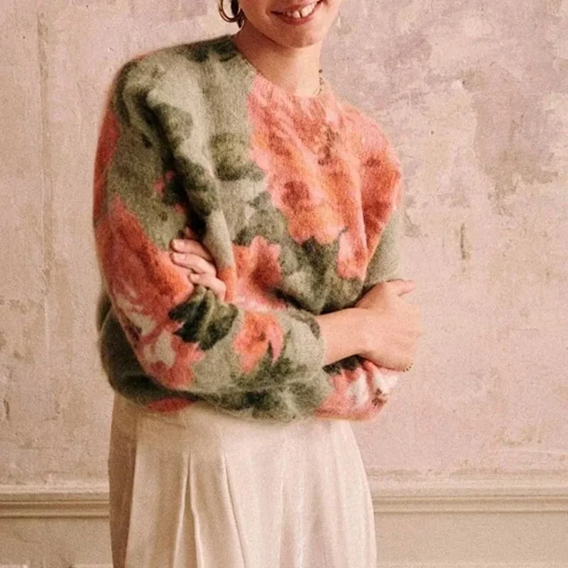 Женский трикотажный свитер в стиле ретро повседневный пуловер с круглым вырезом