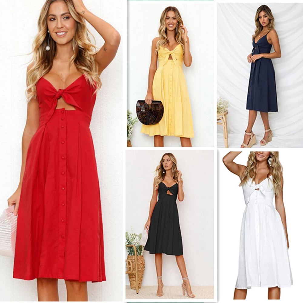 

Elegant Female Africa Dresses Sleeveless Sexy Bowknot Hollow Out Spaghetti Strap Dress Solid Color Button Vestidos 2022 Hot Sale