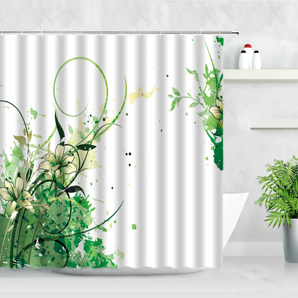 

3D Floral Shower Curtains Green Flowers Butterfly Hand Painted Art Modern Fashion Nordic Style Waterproof Decor Bathroom Curtain