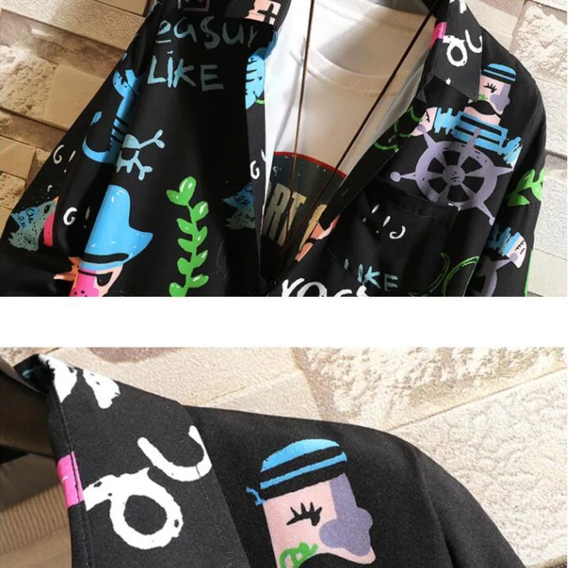 

#6955 Black White Graffiti Printed Shirt Men Loose Harajuku Casual Vintage High Street Men's Shirt Long Sleeve Plus Size M-5XL